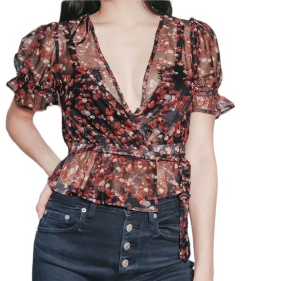 LuLu's Signature Style Black Floral Ruffle Sheer Wrap Top Size Small - Picture 1 of 9